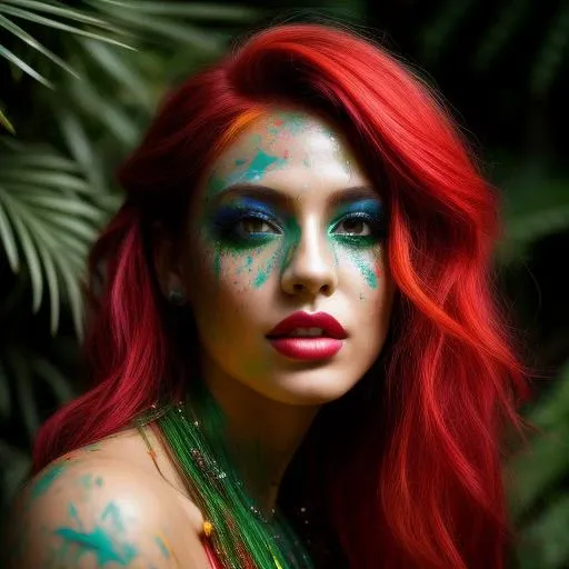An enchanting and vibrant full-color upper body portrait of a female model with fiery red hair, adorned with streaks of bold and contrasting paint. She wears a striking emerald green gown, intricately decorated with splatters of yellow and purple paint. Her face is clear and only has subtle colors of paint around her eyes. The background showcases a backdrop of lush tropical foliage, creating a harmonious blend of natural and artistic elements. The epic character composition, combined with sharp focus and bright natural lighting, brings the captivating image to life. The subsurface scattering effect adds a touch of ethereal glow, while the f2 aperture and 35mm lens create a perfect balance of depth and detail.
<lora:PaintSplashV1:0.5> 11paint65splash99, (freckles:0.8), (lips parted), realistic eyes, POV, realistic[:, (film grain, 25mm, f/1.2, dof, bokeh, beautiful symmetrical face, perfect sparkling eyes, well defined pupils, high contrast eyes, ultra detailed skin, skin pores, vellus hair, fabric stitching, fabric texture, finely detailed features:1):0.9]