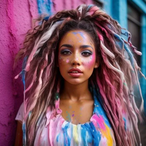 A stunning intricate full color upper body portrait of a female model with brown curly hair with streaks on paint, wearing a white dress covered in pink and blue paint, paint covered wall in background. epic character composition, sharp focus, bright natural lighting, subsurface scattering, f2, 35mm
 <lora:PaintSplashV1:0.5> 11paint65splash99, (freckles:0.8), (lips parted), realistic eyes, POV, realistic[:, (film grain, 25mm, f/1.2, dof, bokeh, beautiful symmetrical face, perfect sparkling eyes, well defined pupils, high contrast eyes, ultra detailed skin, skin pores, vellus hair, fabric stitching, fabric texture, finely detailed features:1):0.9]