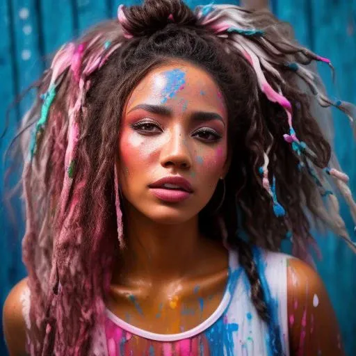 A stunning intricate full color upper body portrait of a female model with brown curly hair with streaks on paint, wearing a white dress covered in pink and blue paint, paint covered wall in background. epic character composition, sharp focus, bright natural lighting, subsurface scattering, f2, 35mm
 <lora:PaintSplashV1:0.5> 11paint65splash99, (freckles:0.8), (lips parted), realistic eyes, POV, realistic[:, (film grain, 25mm, f/1.2, dof, bokeh, beautiful symmetrical face, perfect sparkling eyes, well defined pupils, high contrast eyes, ultra detailed skin, skin pores, vellus hair, fabric stitching, fabric texture, finely detailed features:1):0.9]