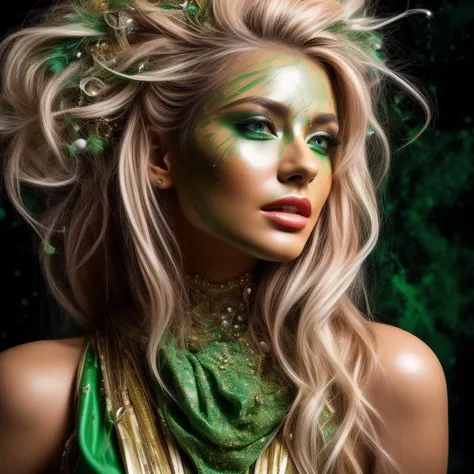 An enchanting and vibrant close up portrait of a female model with blond hair, adorned with streaks of bold and contrasting green and white paint. She wears a captivating green dress, intricately designed with delicate details. Her face is clear and radiates a subtle glow, with vivid green eyes that add a mesmerizing charm to her appearance. The background showcases a blurry cityscape, creating a dynamic backdrop that complements the model's elegance. The epic character composition, combined with sharp focus and natural lighting, brings the captivating image to life. The subsurface scattering effect adds a touch of ethereal glow, while the f2 aperture and 35mm lens create a perfect balance of depth and detail.
<lora:PaintSplashV1:0.7> 11paint65splash99