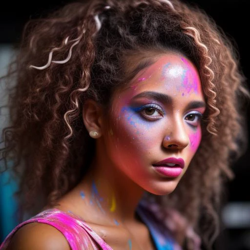A stunning intricate full color upper body portrait of a female model with brown curly hair with streaks on paint, wearing a white dress covered in pink and blue paint, epic character composition, sharp focus, bright natural lighting, subsurface scattering, f2, 35mm
 <lora:PaintSplashV1:0.5> 11paint65splash99, (freckles:0.8), (lips parted), realistic eyes, POV, realistic[:, (film grain, 25mm, f/1.2, dof, bokeh, beautiful symmetrical face, perfect sparkling eyes, well defined pupils, high contrast eyes, ultra detailed skin, skin pores, vellus hair, fabric stitching, fabric texture, finely detailed features:1):0.9]