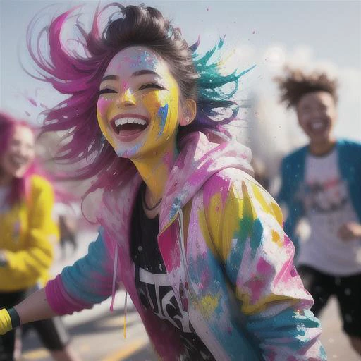 A photo of a woman laughing uproariously as she engages in a paint fight with friends. Her clothes are drenched in an explosion of vibrant colors, with paint splatters decorating her face and hair. The outdoor environment is filled with energy and excitement, capturing the carefree joy of the moment. The camera angle freezes the action, capturing the playful chaos and the genuine happiness on her face.
<lora:PaintSplashV1:0.5> 11paint65splash99