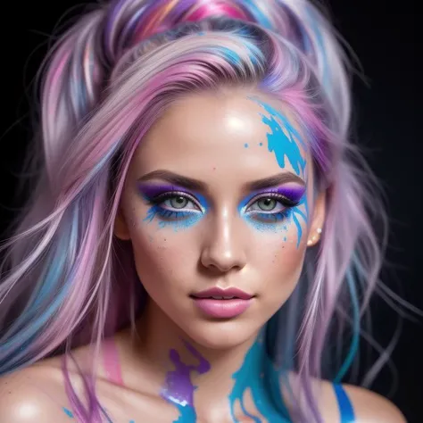 An enchanting and vibrant full-color upper body portrait of a female model with white hair, adorned with streaks of bold and contrasting paint. She wears a striking blue gown, intricately decorated with splatters of purple and pink paint. Her face is clear and only has subtle colors of paint around her eyes. The background showcases a backdrop of a waterfall, creating a harmonious blend of natural and artistic elements. The epic character composition, combined with sharp focus and bright natural lighting, brings the captivating image to life. The subsurface scattering effect adds a touch of ethereal glow, while the f2 aperture and 35mm lens create a perfect balance of depth and detail.
<lora:PaintSplashV1:0.5> 11paint65splash99, (freckles:0.8), (lips parted), realistic eyes, POV, realistic[:, (film grain, 25mm, f/1.2, dof, bokeh, beautiful symmetrical face, perfect sparkling eyes, well defined pupils, high contrast eyes, ultra detailed skin, skin pores, vellus hair, fabric stitching, fabric texture, finely detailed features:1):0.9]