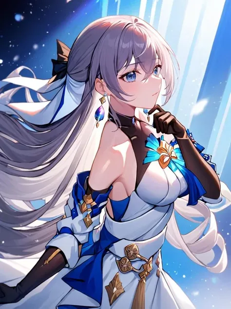 ultra-detailed,(best quality),((masterpiece)),(highres),original,extremely,1girl,Bronya, 1girl, solo, blue eyes, very long hair,earrings, jewelry, gloves, dress, black gloves, bare shoulders, breasts, white dress, elbow gloves, sleeveles,<lora:Bronya_Dim8:1>,