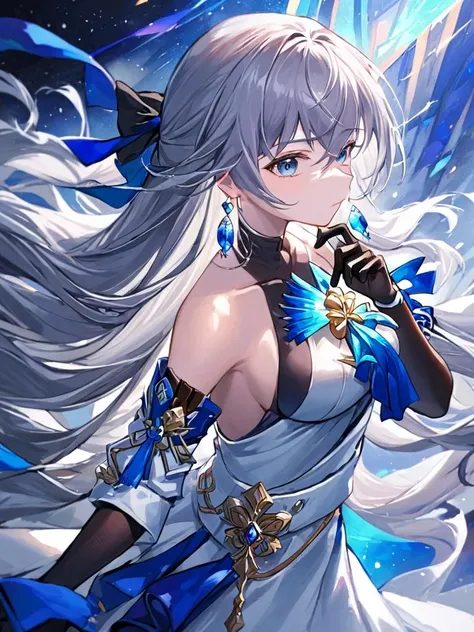 ultra-detailed,(best quality),((masterpiece)),(highres),original,extremely,1girl,Bronya, 1girl, solo,  blue eyes, very long hair,earrings, jewelry, gloves, dress,  black gloves, bare shoulders, breasts,  white dress, elbow gloves,  sleeveles,<lora:Bronya_Dim8:1>,