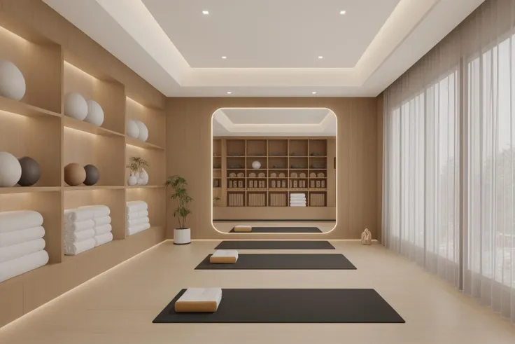 masterpiece,best quality,highres,8k,(photography),(Ultra High Definition),no humans,
yjcf_yujia,black mat,pillow,mirror,potted plant,curtains,window,shelf,ball,wooden floor,logo,chinese text,cylinder,towel, <lora:yjcf_yoga10:0.5>