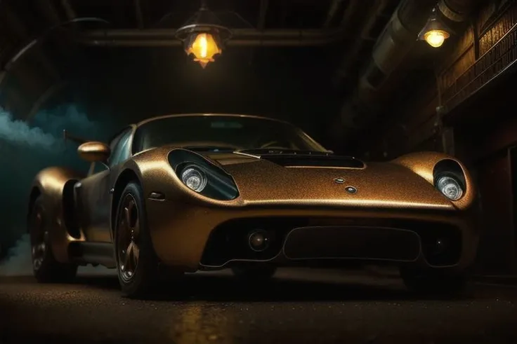 A high detail photo of a steampunk sports car, cinematic lighting, cinematic depth of field, smoky steamy atmosphere, light bloom, volumetric fog, high detail materials, high detail reflections