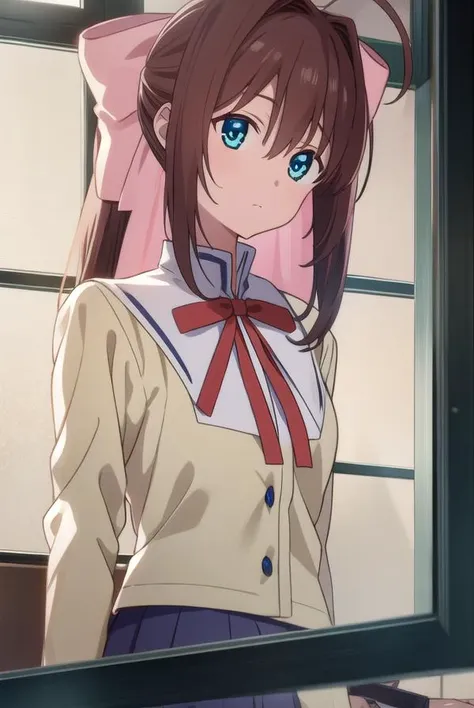 otomeasakura, <lora:otomeasakura-lora-nochekaiser:1>,
otome asakura, long hair, brown hair, bow, ahoge, hair bow, pink bow, blue eyes,
BREAK skirt, long sleeves, ribbon, school uniform, socks, kneehighs,
BREAK looking at viewer,
BREAK indoors, classroom,
BREAK <lyco:GoodHands-beta2:1>, (masterpiece:1.2), best quality, high resolution, unity 8k wallpaper, (illustration:0.8), (beautiful detailed eyes:1.6), extremely detailed face, perfect lighting, extremely detailed CG, (perfect hands, perfect anatomy),