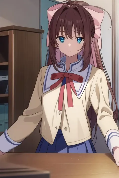 otomeasakura, <lora:otomeasakura-lora-nochekaiser:1>,
otome asakura, long hair, brown hair, bow, ahoge, hair bow, pink bow, blue eyes,
BREAK skirt, long sleeves, ribbon, school uniform, socks, kneehighs,
BREAK looking at viewer,
BREAK indoors, classroom,
BREAK <lyco:GoodHands-beta2:1>, (masterpiece:1.2), best quality, high resolution, unity 8k wallpaper, (illustration:0.8), (beautiful detailed eyes:1.6), extremely detailed face, perfect lighting, extremely detailed CG, (perfect hands, perfect anatomy),