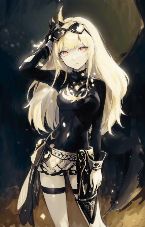 masterpiece,best quality, a painting of  <lora:Terra_DcCartoonV1.7:0.8>, terra_dc, black shirt, yellow shorts, aviator glasses on head, ((solo, dark Green  background )), polar mountain,  mystical atmosphere, vivid colors, [(in the style of <lora:BrianFroudStyleV1:0.8>):0.8],