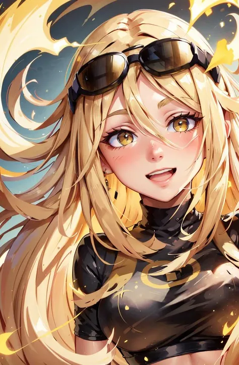 masterpiece, best quality, ((solo)),Terra_dc, happy, ((portrait)), long straight blond hair, black shirt, yellow shorts, aviator glasses on head, brown gloves, energy swirling in the background, black and yellow theme  <lora:Terra_dcV2:0.9>