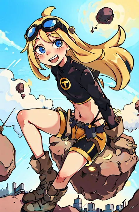 AS-Young, cartoon style, masterpiece, best quality, ((solo)),Terra_dc, happy, full body,black shirt, yellow shorts, glasses on head, sitting on a floating rock, in a city, <lora:Terra_dc:1>
