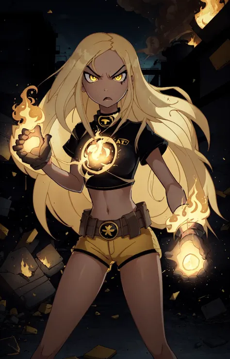 masterpiece,best quality, thick outline, (cartoon),1girl, solo, Terra_DcCartoon, furious, long blonde hair, glowing yellow eyes, glowing yellow hands, hand up, debris, yellow lights, black shirt, yellow shorts, flame eyes, belt, eyeliner, in the city, sfw, <lora:Terra_DcCartoonV1.7:0.8>