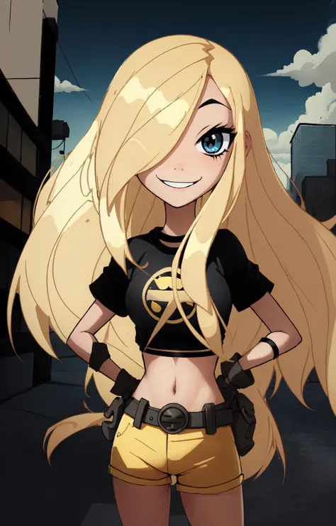 masterpiece,best quality, thick outline, (cartoon),1girl, solo,  Terra_DcCartoon, smile, happy, hair over one eye,  long blonde hair, black shirt, yellow shorts, belt,  eyeliner,   in the city, sfw, <lora:Terra_DcCartoonV1.7:0.8>