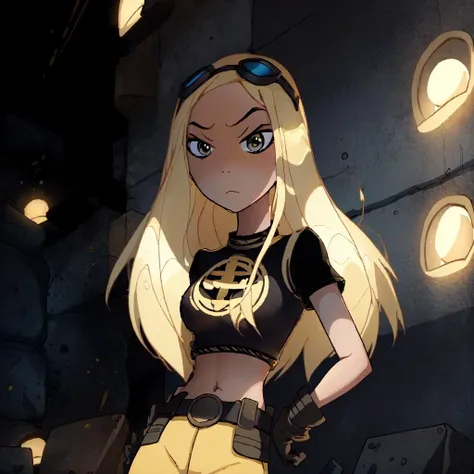 masterpiece,best quality, thick outline, (cartoon),1girl, solo, Terra_DcCartoon, parted lips, long blonde hair, black shirt, yellow shorts, belt, eyeliner, aviator glasses on head, night, in school, <lora:Terra_DcCartoonV1.7:1>