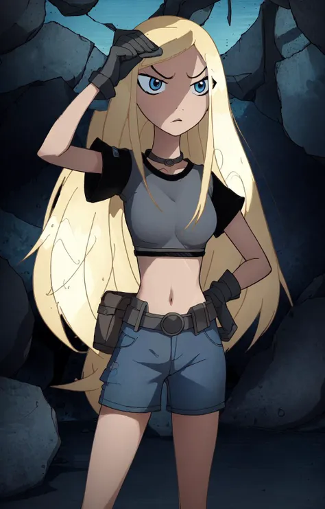 masterpiece,best quality, thick outline, (cartoon),1girl, solo, Terra_DcCartoon, (ashamed), long blonde hair, grey shirt, blue shorts, belt, eyeliner, forest, sfw, <lora:Terra_DcCartoonV1.7:1>