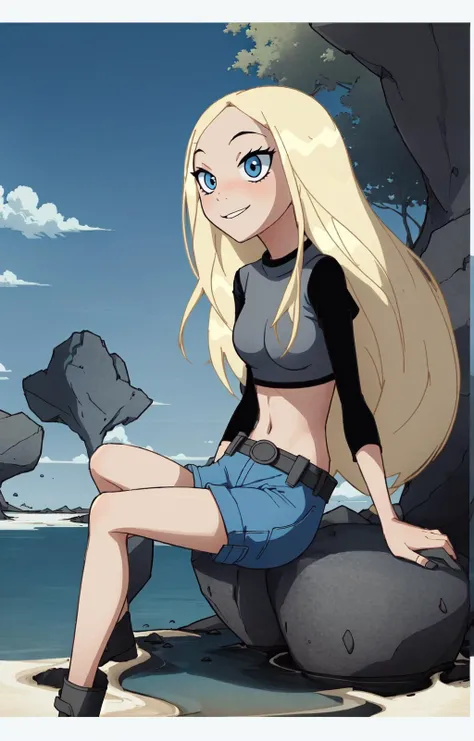 masterpiece,best quality, thick outline, (cartoon),1girl, solo, Terra_DcCartoon, sitting on a floating rock, happy, long blonde hair, grey shirt, blue shorts, belt, eyeliner, temperate mixed forest, sfw, <lora:Terra_DcCartoonV1.7:0.8>
