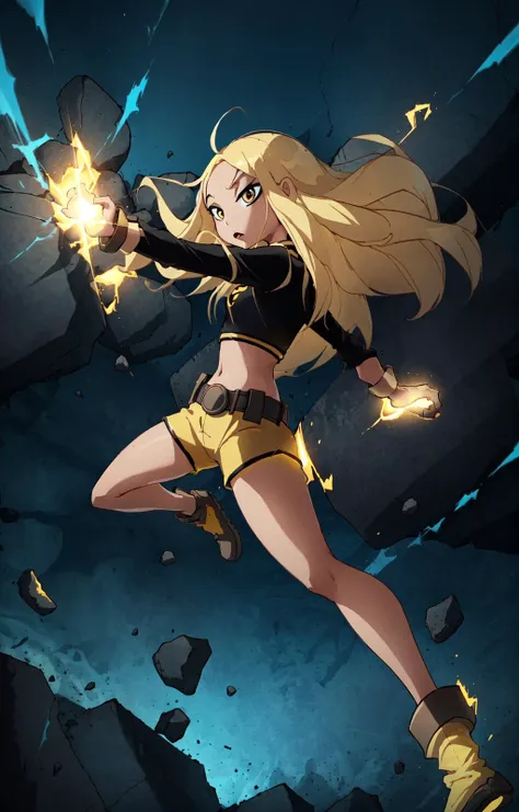 masterpiece,best quality, thick outline, (cartoon),1girl, solo, Terra_DcCartoon, long blonde hair, black shirt, yellow shorts, belt, eyeliner, action scene, from side, outstretched arms, energy beam, dynamic pose, glowing hands, pillars of rock, yellow lights, floating rocks, debris, sfw, <lora:Terra_DcCartoonV1.7:0.8>