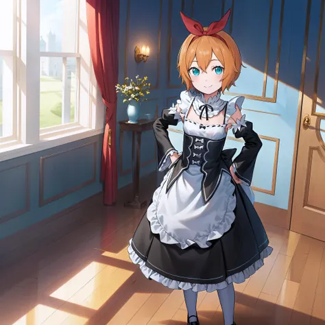 masterpiece,best quality,anime,(2d:1.2),indoors,
<lora:PetraNai:1>
1girl, roswaal mansion maid uniform, solo, maid, short hair, detached sleeves, orange hair, bow hairband, ribbon, cowboy shot, looking at viewer, hairband, apron,indoors, red hairband, frills,black footwear, hair between eyes,white pantyhose, pout, smile, standing, shoes, cyan eyes, :t, white apron, bangs, hair ribbon, waist apron, hands on hips, neck ribbon, black ribbon, red ribbon, detached collar, black sleeves,