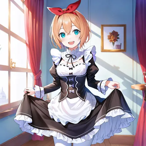 masterpiece,best quality,anime,(2d:1.2),indoors,
<lora:PetraNai:1>
1girl, solo, maid, short hair, roswaal mansion maid uniform, cyan eyes, smile, open mouth, looking at viewer, indoors, brown hair, skirt hold, ribbon, cosplay, window, hairband, red hairband, bow hairband, :d, hair between eyes, dress, hair ribbon, table, apron, vase, breasts, long sleeves, frills, flower, pantyhose, bow, juliet sleeves, enmaided, curtains