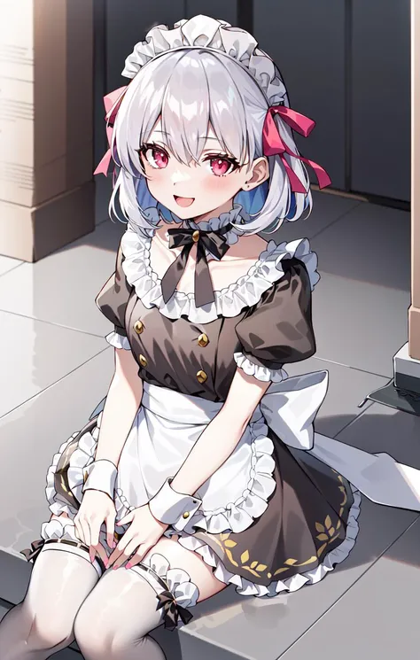 KMM, ArcadeMaid, 1girl, solo, mop, looking at viewer, blush, sitting, smile, open mouth,
<lora:FGOKAMAV1:0.8>