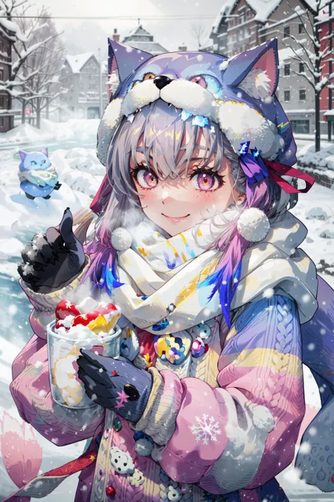 masterpiece,best quality,1girl,HSDP,DreamPortrait,scarf,paw gloves,smile,blush,snow,snowing,snowflakes,park,<lora:FGOKAMAV1:0.7>,
