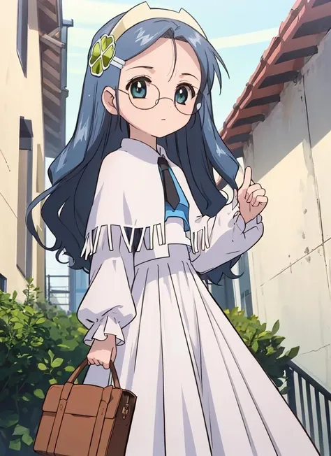 <lora:shirayuki_v10:0.8> shirayukihime, eyewear,  , clover hair ornament, white dress, shawl, long skirt