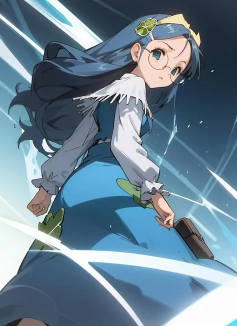 <lora:shirayuki_v10:0.8> shirayukihime, sryk-dress, eyewear, clover hair ornament, headband, ice effect, glowing, from behind, looking back, looking at viewer, from below