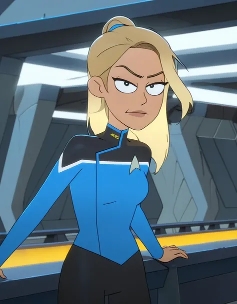 Hollywood movie motion capture picture of cosplay model, beautiful 26 year old niji woman as sci-fi soldier, solo, wearing sci-fi military armor without helmet, khaki and black armor, solo, (looking at viewer:1.2),
long light blonde hair tied in ponytail, realistic hair, ((blue eyes)), detailed pupils, standing on the bridge of star trek spaceship, (long shot:1.2), slim body, small breasts, flatchested, perfect teeth, angry face, sad facial expression, narrowed eyes, visible mimic wrinkles, 
masterpiece, absurdres, portrait, detailed skin texture, detailed eyes, full lips, Artistic photo , ultra sharp, film, bokeh, (high quality), 4k, <lora:M_niji_XL:0.8>,