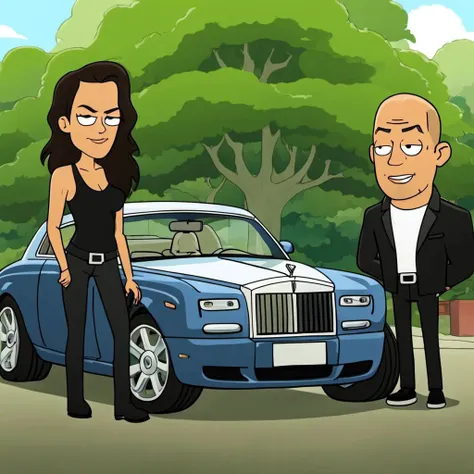 cartoon style, flat color, portrait, (Vin Diesel and Michelle Rodriguez:1.2) with a Rolls Royce car, greenery, masterpiece, best quality
