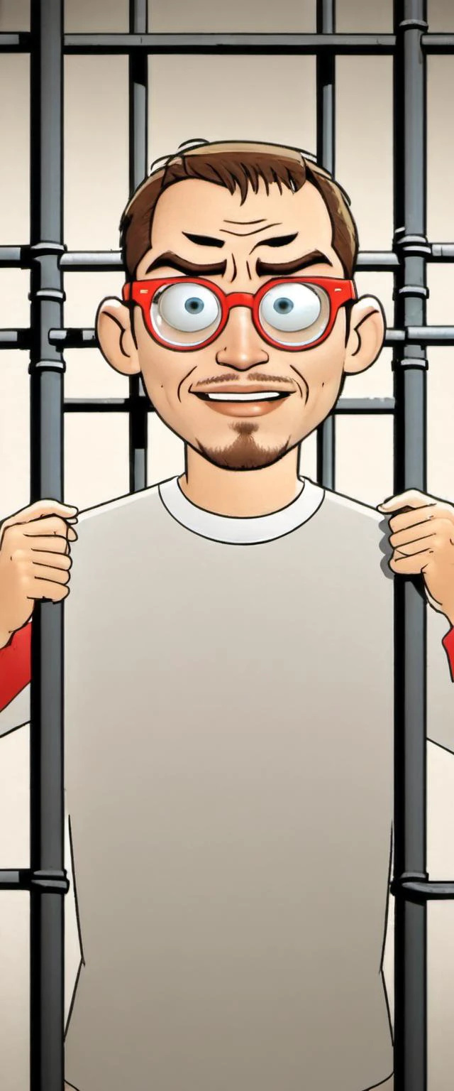 A white BillMeeks man in red glasses locked inside Disney jail<lora:Everly Heights TaleSpinner:1>
