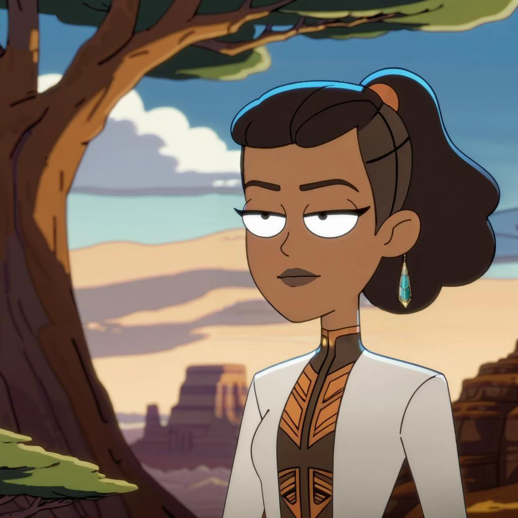 Masterpiece, (beautiful lighting), Highly detailed 1990s sci-fi illustration of a (Primitive Space [Elf|Woman] with brown skin and updo hair), perfect face, looking at viewer, (wearing tribal retrofuturistic clothing),lewd, ((cybernetic)), standing under the canape of a ornate trees on a sci-fi alien planet, (exploration), adventure, dappled light, oil on canvas, bold colors, intricately detailed, (Heavy Metal cover art), dynamic angle,art (by Moebius:1.2), background by Chris Foss