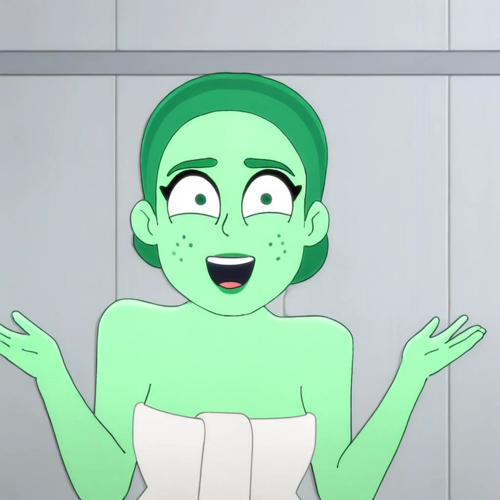 green skin woman with freckles wearing a towel, excited expression