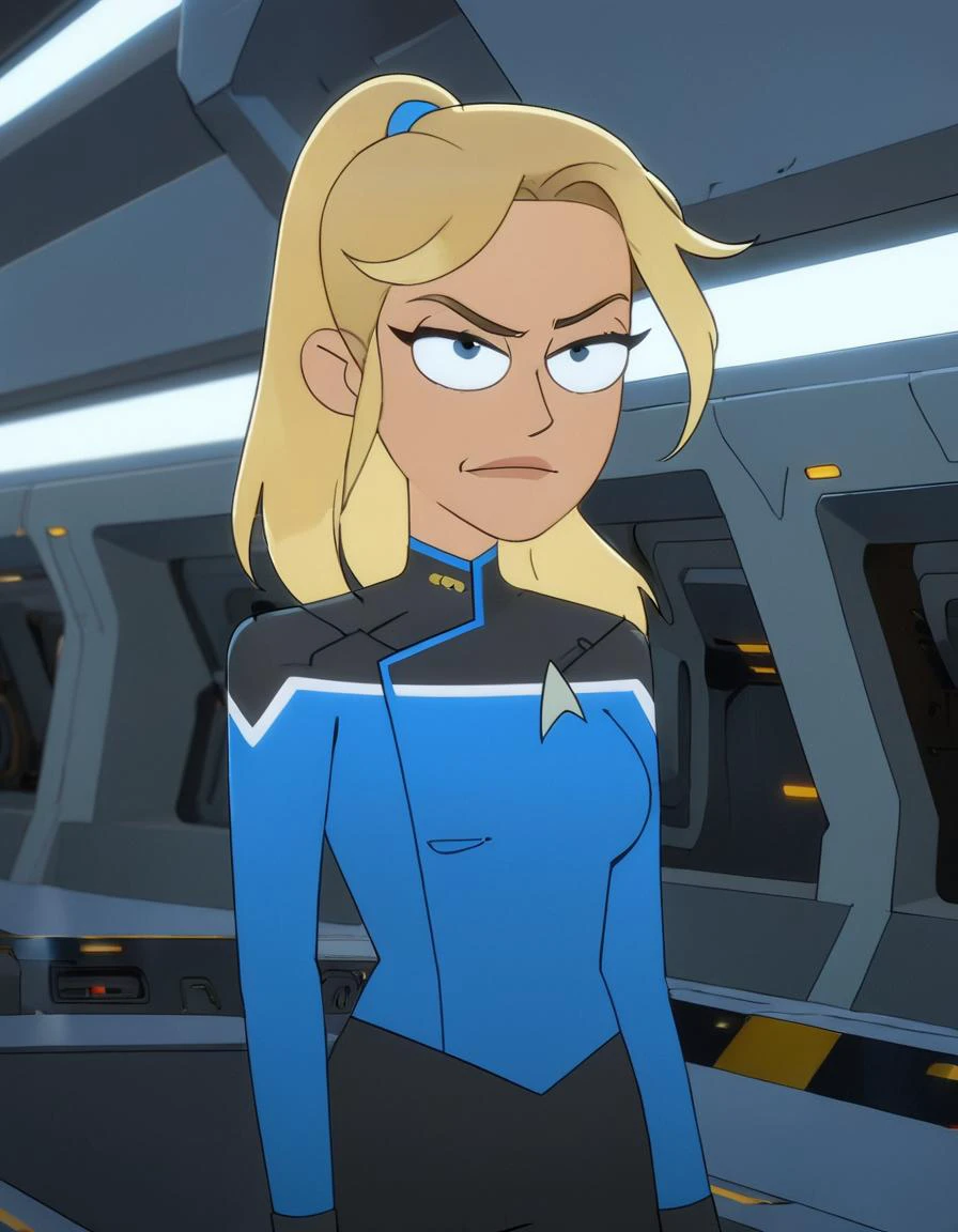 Hollywood movie motion capture picture of cosplay model, beautiful 26 year old niji woman as sci-fi soldier, solo, wearing sci-fi military armor without helmet, khaki and black armor, solo, (looking at viewer:1.2),
long light blonde hair tied in ponytail, realistic hair, ((blue eyes)), detailed pupils, standing on the bridge of star trek spaceship, (long shot:1.2), slim body, small breasts, flatchested, perfect teeth, angry face, sad facial expression, narrowed eyes, visible mimic wrinkles,
masterpiece, absurdres, portrait, detailed skin texture, detailed eyes, full lips, Artistic photo , ultra sharp, film, bokeh, (high quality), 4k, <lora:M_niji_XL:0.8>,