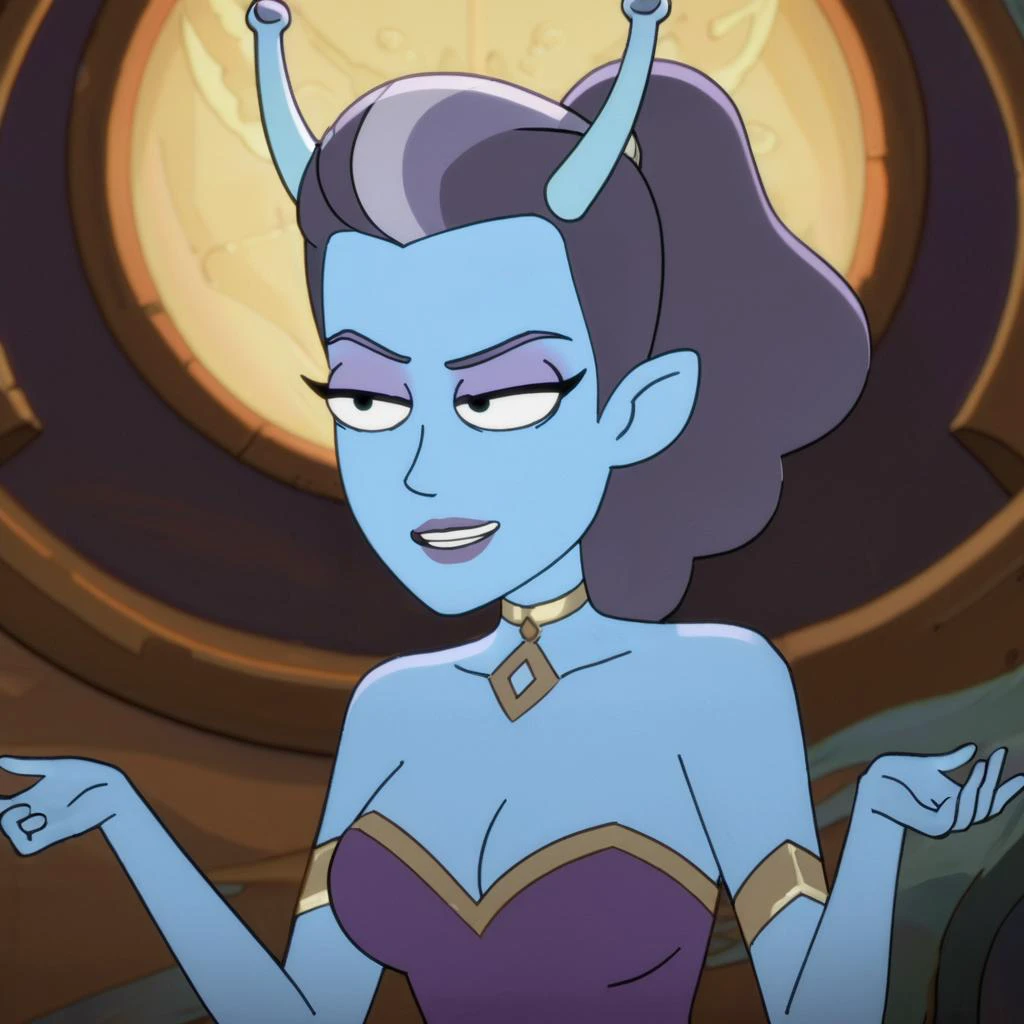 erotic artwork, highly detailed closeup painting of a (Draenei woman with purple skin), perfect face, curly double bun hair, leaning forward, looking up at viewer, seductive, large breasts, cleavage, (downblouse), oil on board, teasing, WoW concept art, from above, (by Brom:1.1)