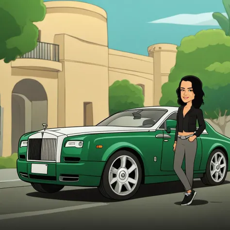 cartoon style, portrait, Michelle Rodriguez with a Rolls Royce car, greenery, masterpiece, best quality