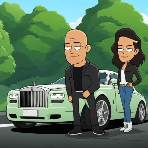 cartoon style, flat color, portrait, (Vin Diesel and Michelle Rodriguez:1.2) with a Rolls Royce car, greenery, masterpiece, best quality