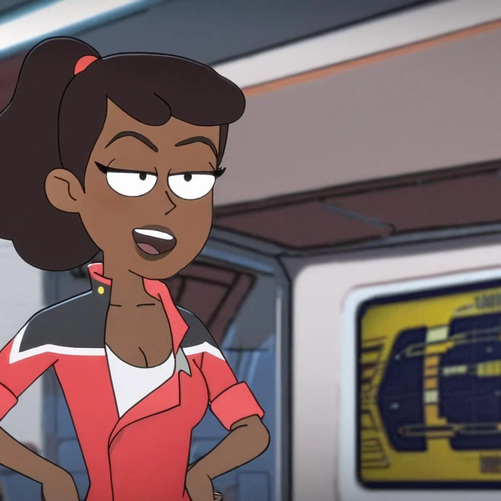 a black woman wearing red starfleet uniform with cleavage , space ship interior background