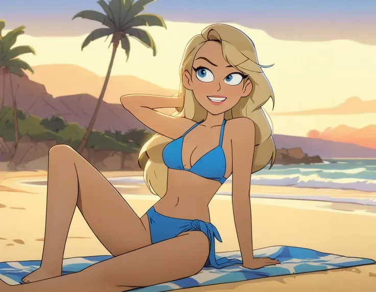 Hollywood movie motion capture picture of cosplay model, beautiful 26 year old niji woman in small rainbow bikini swimsuit lying on her belly on a blanket on sandy beach at seacoast with sunset and palm trees in the background, waving her legs, leaning on her elbows,
(looking at viewer:1.2), long light blonde hair tied in ponytail, realistic hair, ((blue eyes)), detailed pupils, (long shot:1.2), slim body, small breasts, flatchested, perfect teeth, happy face, cocky facial expression, 
masterpiece, absurdres, portrait, detailed skin texture, detailed eyes, full lips, Artistic photo , ultra sharp, film, bokeh, (high quality), 4k, <lora:M_niji_XL:0.8>,