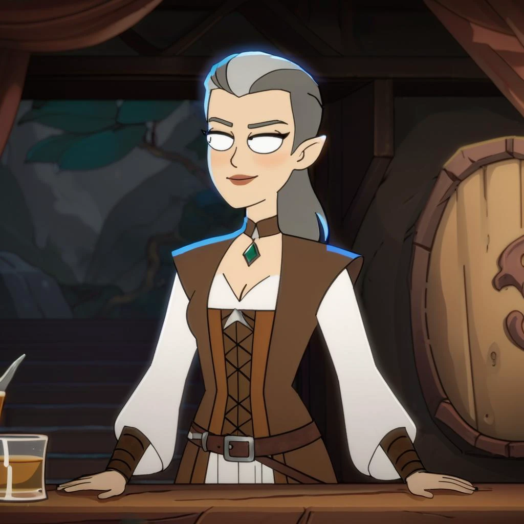 Masterpiece, highly detailed illustration of a (adventurous half elf woman bard in a [medieval|fantasy] tavern), detailed facial features, [white|silver] bob style hair, (wearing a sheer linen tunic with a brown leather jerkin, necklace with beautiful pendant), toned body, small breasts, bold colors, oil on canvas, hires scan, Fantasy RPG artwork, (portrait), (by Luis Royo and Frank Frazetta:1.2)