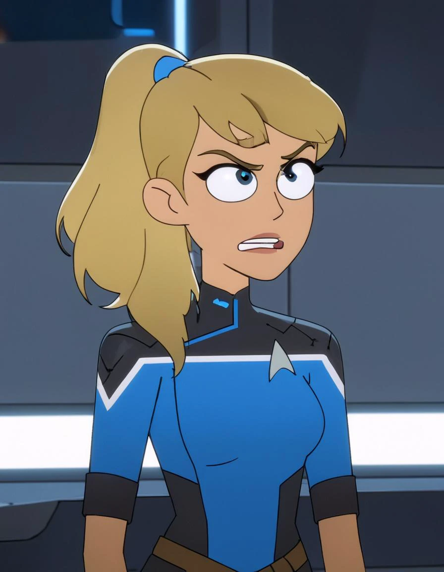 Hollywood movie motion capture picture of cosplay model, beautiful 26 year old niji woman as sci-fi soldier, solo, wearing sci-fi military armor without helmet, khaki and black armor, solo, (looking at viewer:1.2),
long light blonde hair tied in ponytail, realistic hair, ((blue eyes)), detailed pupils, standing and gesticulating ecstatically on the bridge of spaceship, (long shot:1.2), slim body, small breasts, flatchested, perfect teeth, angry face, sad facial expression, narrowed eyes, visible mimic wrinkles,
masterpiece, absurdres, portrait, detailed skin texture, detailed eyes, full lips, Artistic photo , ultra sharp, film, bokeh, (high quality), 4k, <lora:M_niji_XL:0.8>,