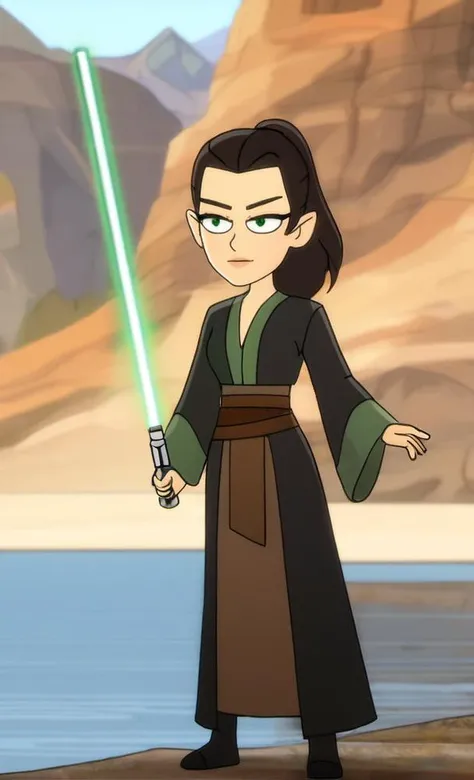 (full body shot:1.6), 1girl, (green eyes), (huge breasts:1.2), (cleavage), (covered nipples), (small waist), (big hips), (athletic body), (long black hair), (ponytail), looking at viewer, (holding lightsaber:1.1), (body glow), earrings, (jewelry:0.5), lake, mountain, outdoors, river, solo, water, skirtlift, (jedi), (brown full length robe), (brown Jedi robes), (dynamic pose),
(crop top), (side slit),
intricate details, enchanting, 3d, day, depth of field,
best quality, dim lighting, soft light, (RAW photo), 8k uhd, high quality, film grain, official art, extremely detailed CG unity 8k wallpaper, (masterpiece:1), (best_quality:1), ultra high res, 4K, ultra-detailed, photography, 8K, HDR, highres, (absurdres:1.2), blurry background, (bokeh:1.2), professional photograph, Asian-Less,