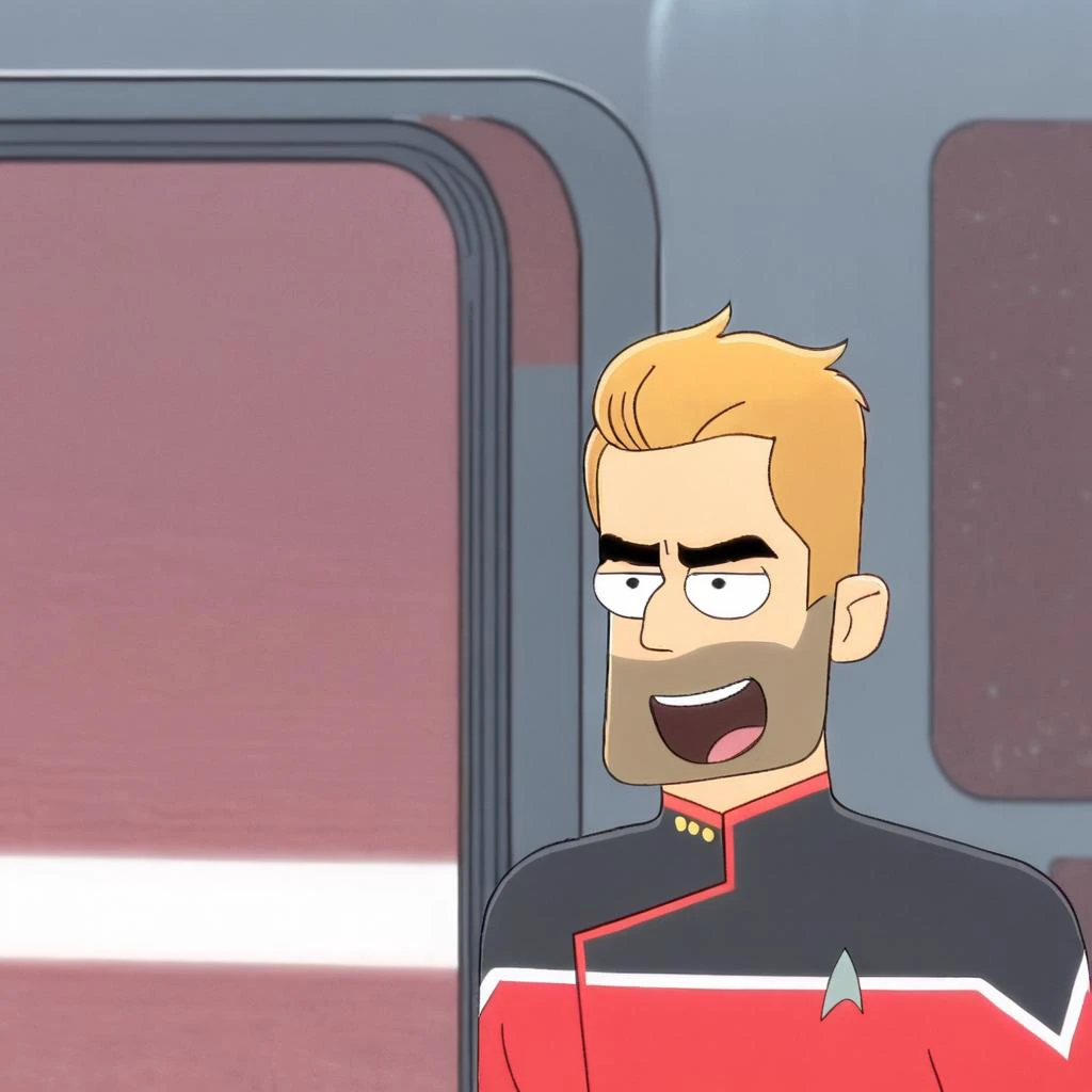a blonde man with facial hair wearing red starfleet uniform