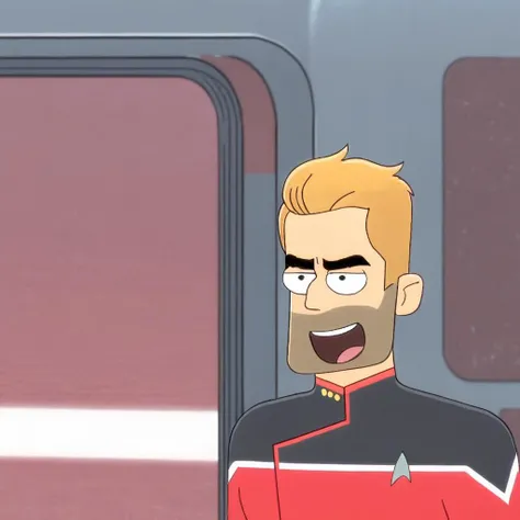 a blonde man with facial hair wearing red starfleet uniform