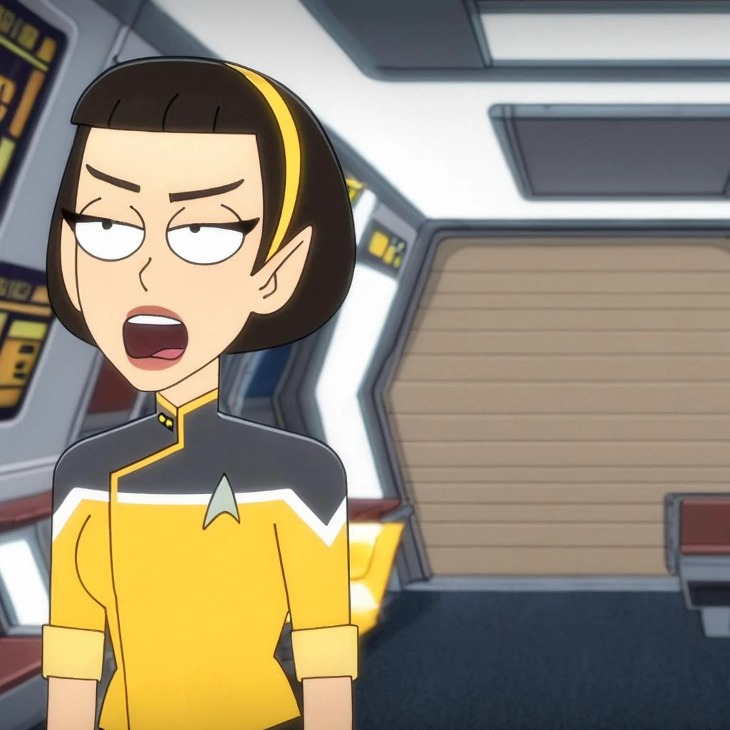 vulcan woman wearing yellow starfleet uniform with mouth open , space ship interior background