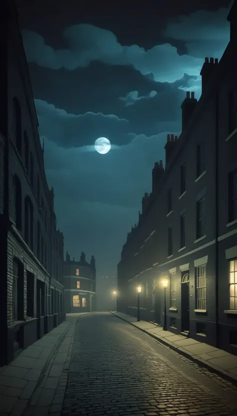 <lora:Everly_Heights_Backgrounds_New_Settings:.5> A Victorian London street at night during the Industrial Revolution with horror overtones.