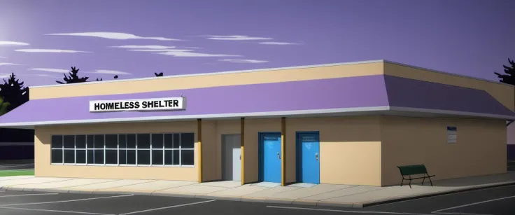 <lora:Everly_Heights_Backgrounds_New_Settings:1> Exterior, Homeless shelter in Everly Heights
