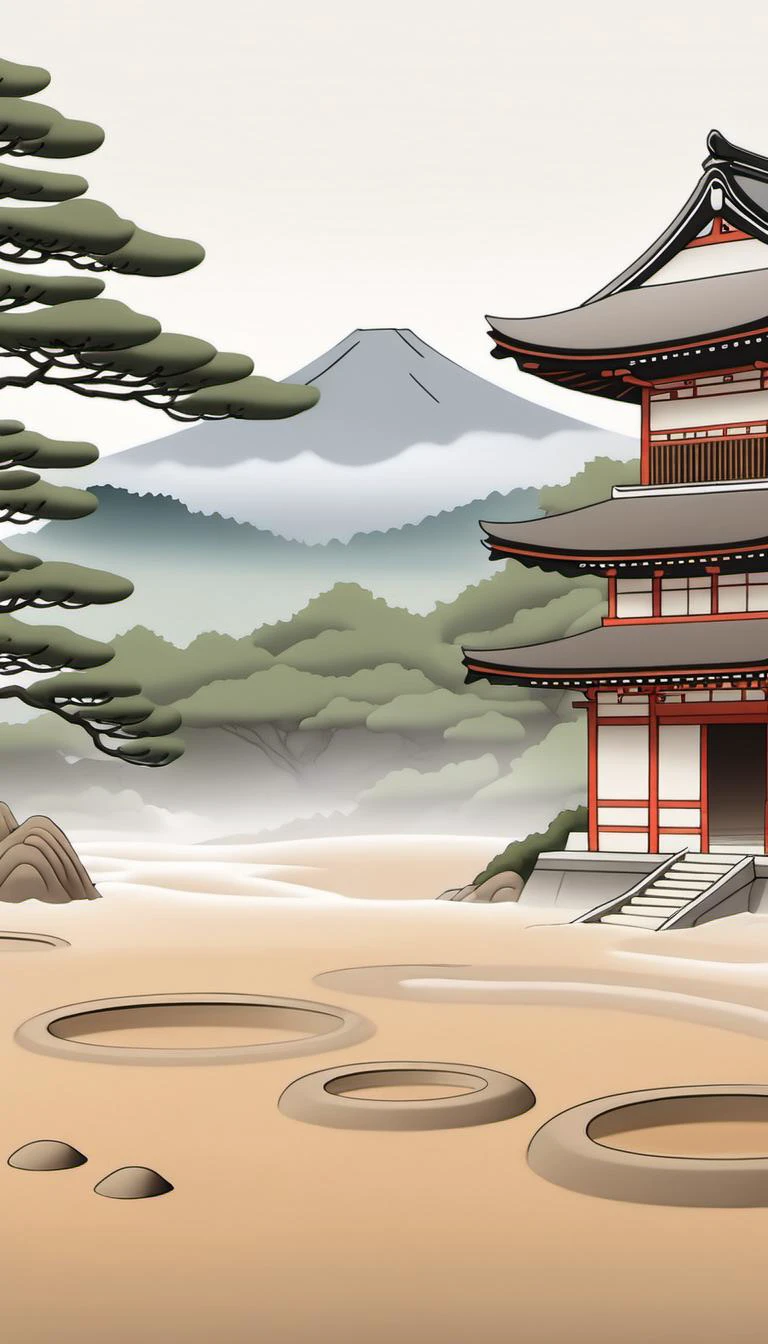 <lora:Everly_Heights_Backgrounds_New_Settings:.5> A serene misty Zen garden in medieval Japan with perfectly raked sand.