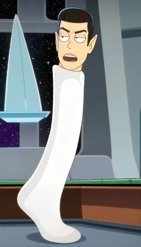 (1 giant white sock:1.3), bust of (Spock:1.1) coming out the top of the sock, Vulcan ears, choppy bangs cut hairstyle,
award winning, cartoon style,