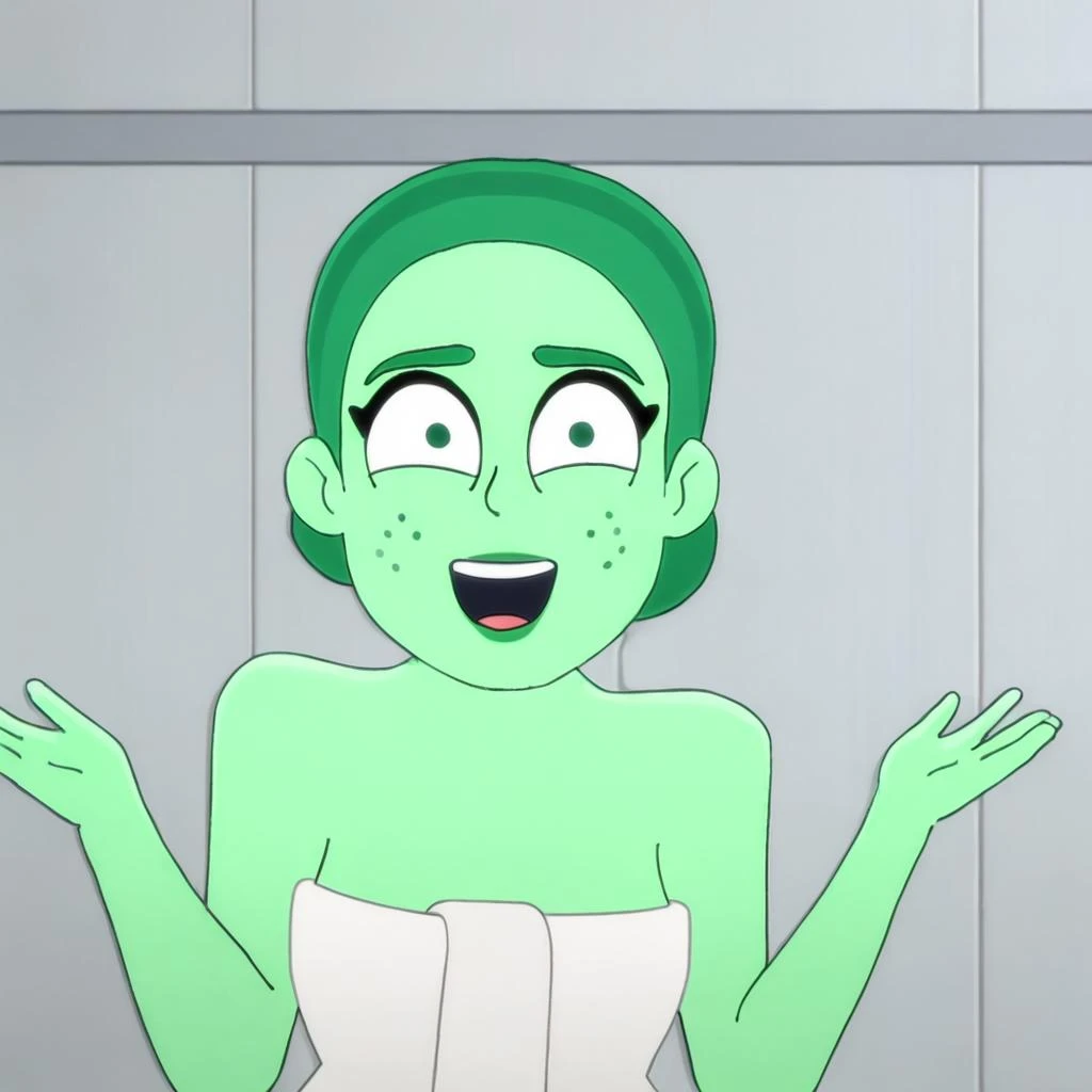 A slime girl (Christna Hendricks, age 25, translucent, made of green slime) has snuck onto a woman's bedroom and is trying on clothes. Slime foot prints